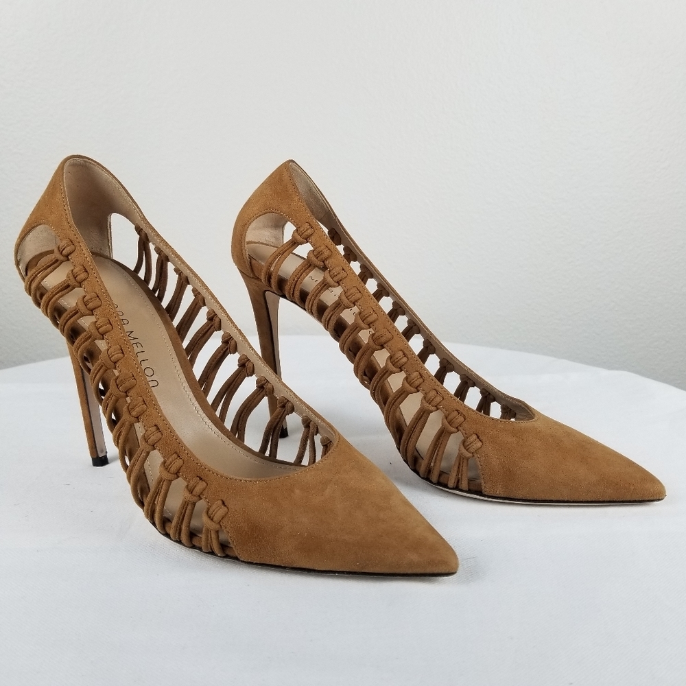Tamara Mellon Tan Neutral Suede Braided Pointed Toe Pump Heels Size 8 - Picture 2 of 12